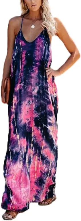 Poetsky Womens Casual Strappy V Neck Sleeveless Flowy Pockets Loose Long Maxi Beach Dress Sundress