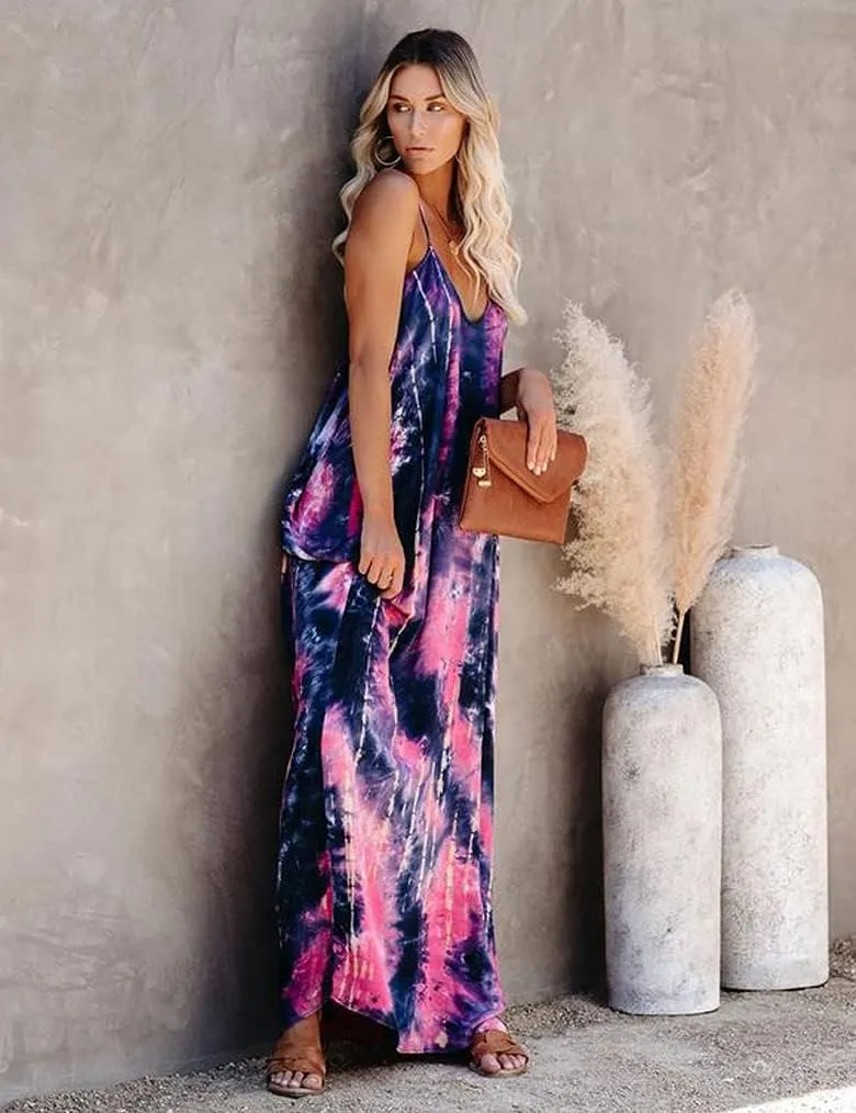 Poetsky Womens Casual Strappy V Neck Sleeveless Flowy Pockets Loose Long Maxi Beach Dress Sundress