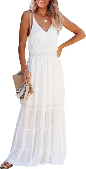 PRETTYGARDEN Sundress for Women 2025 Summer Spaghetti Strap Sleeveless High Waist Beach Long Maxi Dresses