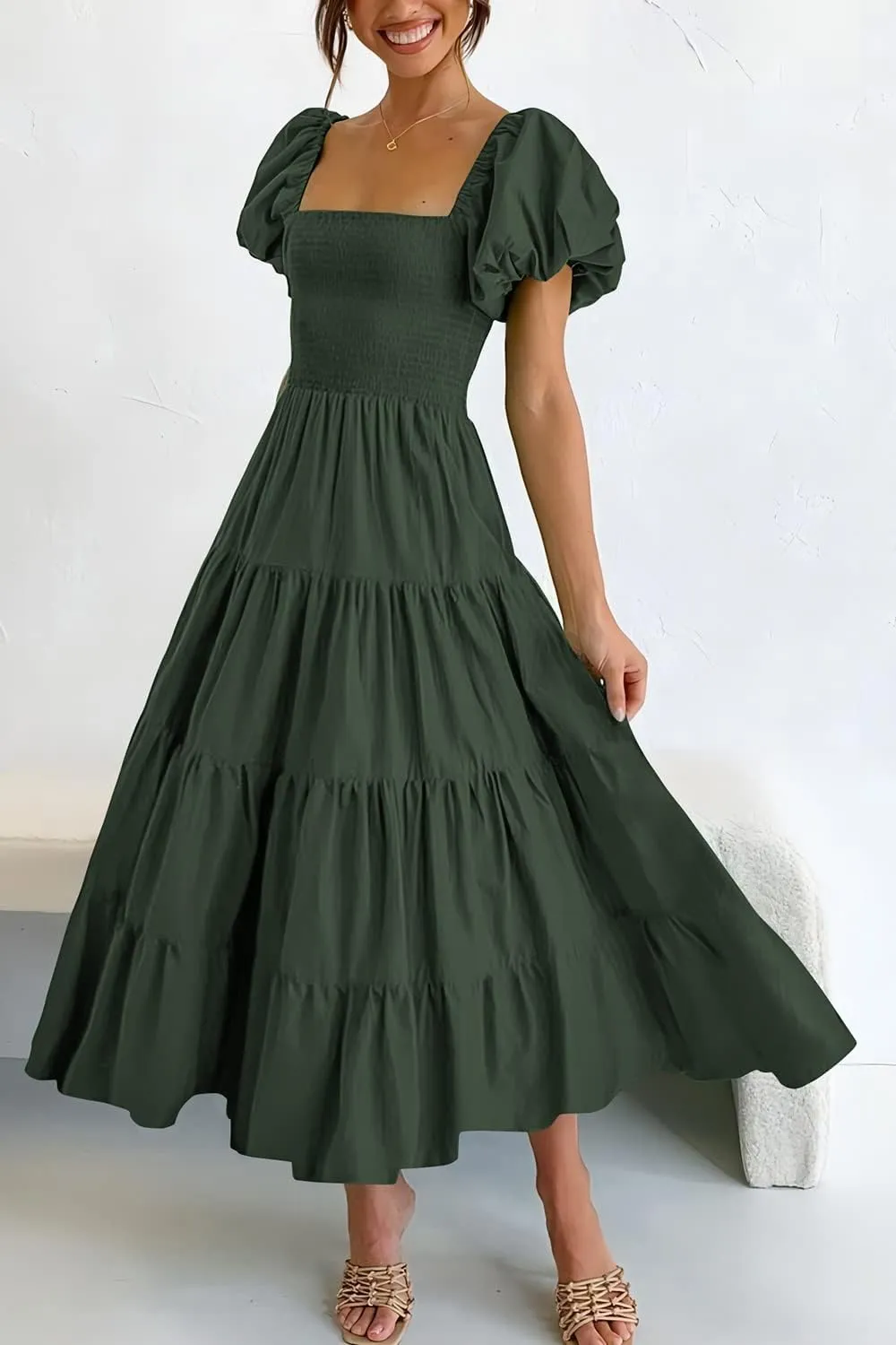 PRETTYGARDEN Women's 2025 Summer Casual Midi Dress Puffy Short Sleeve Square Neck Smocked Tiered Ruffle Dresses