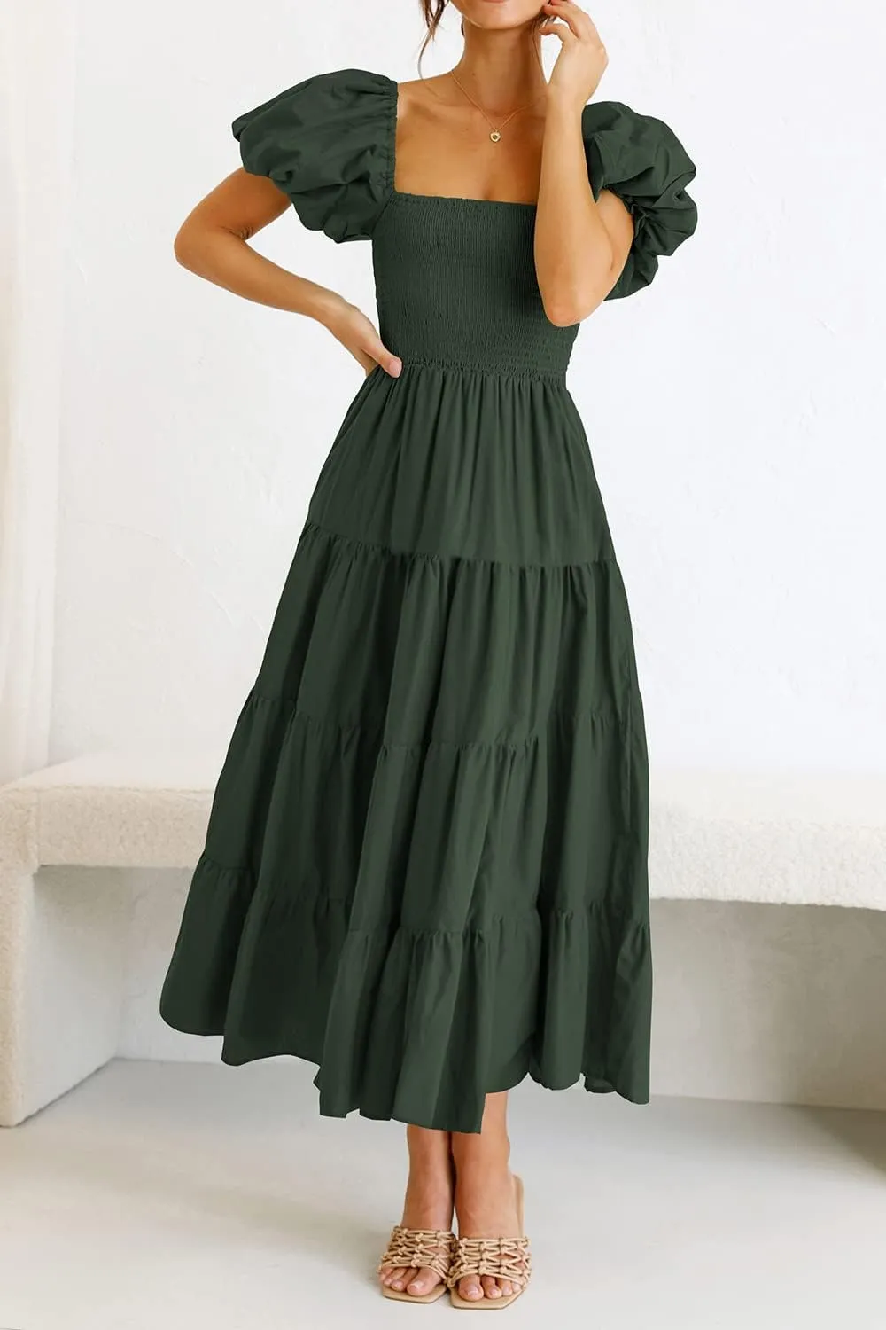 PRETTYGARDEN Women's 2025 Summer Casual Midi Dress Puffy Short Sleeve Square Neck Smocked Tiered Ruffle Dresses