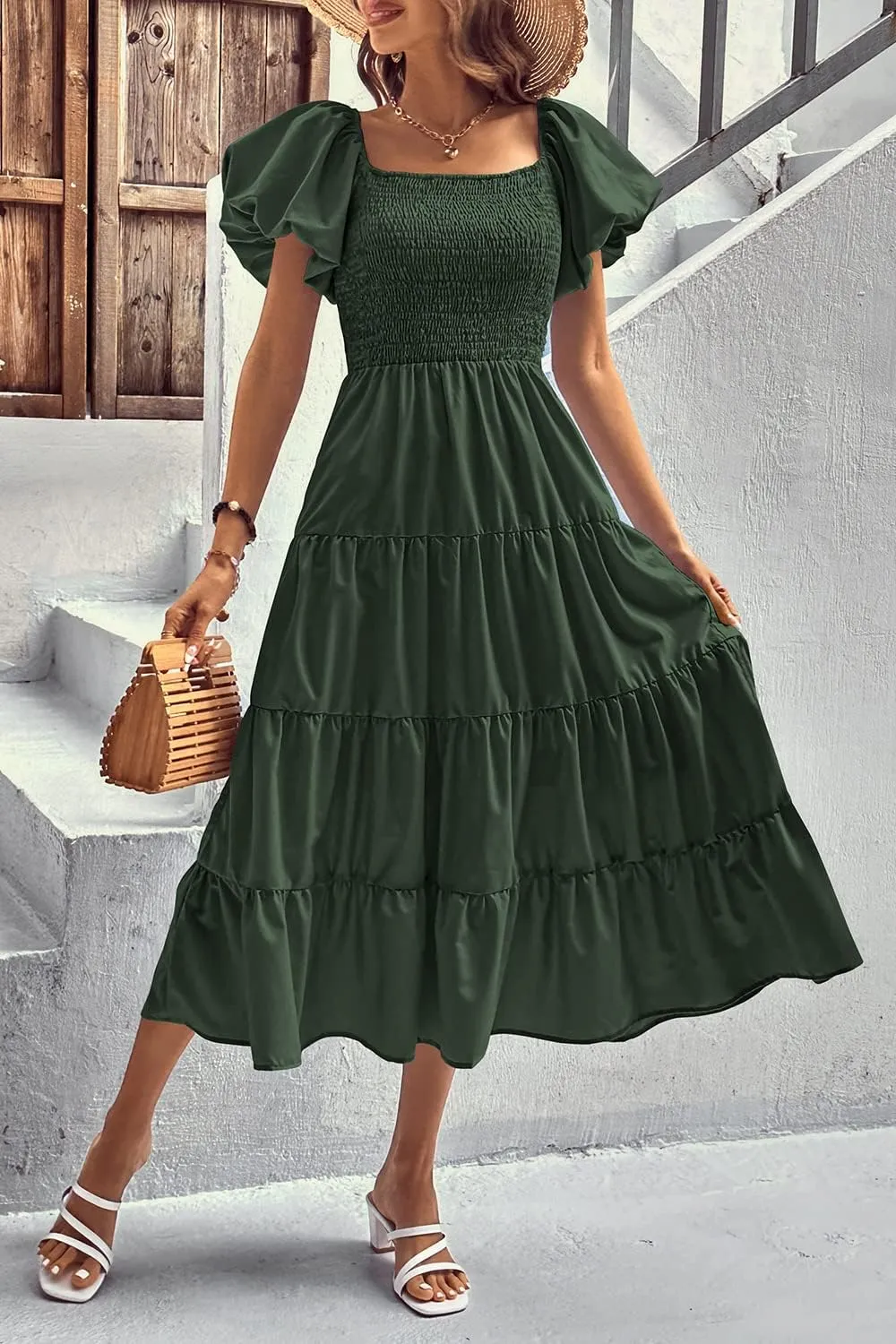 PRETTYGARDEN Women's 2025 Summer Casual Midi Dress Puffy Short Sleeve Square Neck Smocked Tiered Ruffle Dresses