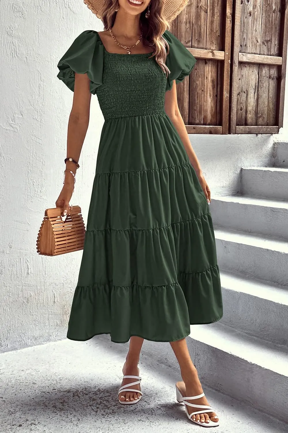 PRETTYGARDEN Women's 2025 Summer Casual Midi Dress Puffy Short Sleeve Square Neck Smocked Tiered Ruffle Dresses