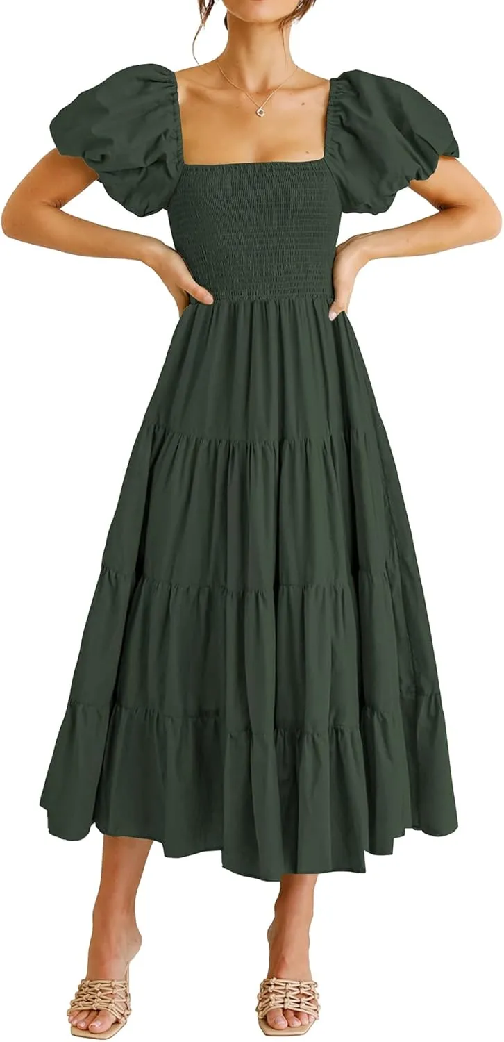 PRETTYGARDEN Women's 2025 Summer Casual Midi Dress Puffy Short Sleeve Square Neck Smocked Tiered Ruffle Dresses