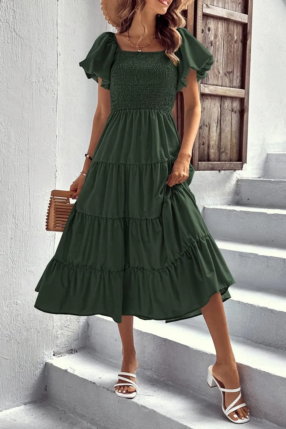 PRETTYGARDEN Women's 2025 Summer Casual Midi Dress Puffy Short Sleeve Square Neck Smocked Tiered Ruffle Dresses