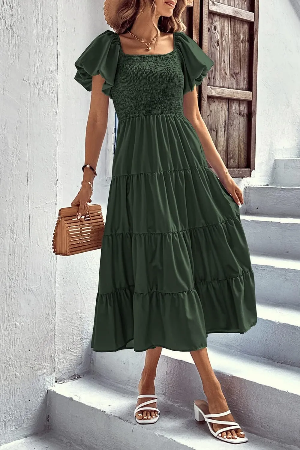 PRETTYGARDEN Women's 2025 Summer Casual Midi Dress Puffy Short Sleeve Square Neck Smocked Tiered Ruffle Dresses