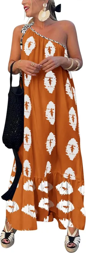 PRETTYGARDEN Women's 2025 Summer Maxi Dresses One Shoulder Printed Flowy Boho Beach Vacation Long Sundress