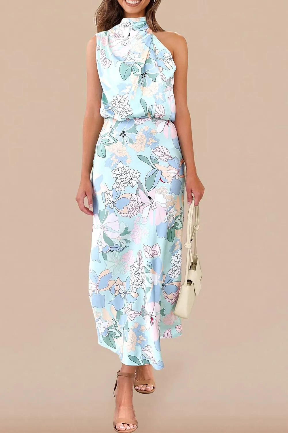 PRETTYGARDEN Women's 2025 Summer Satin Dress Elegant Sleeveless Mock Neck Cocktail Party Maxi Dresses