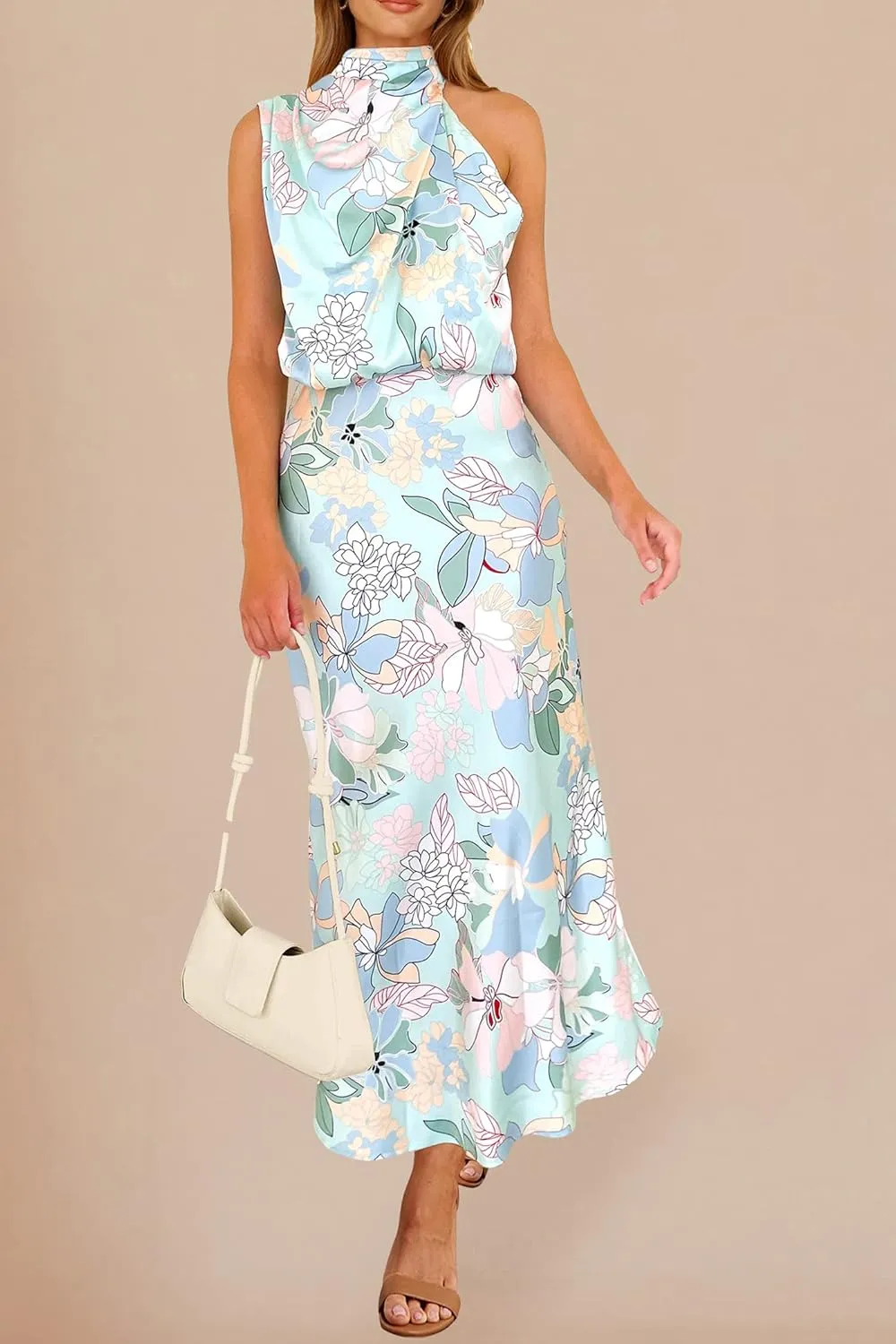 PRETTYGARDEN Women's 2025 Summer Satin Dress Elegant Sleeveless Mock Neck Cocktail Party Maxi Dresses