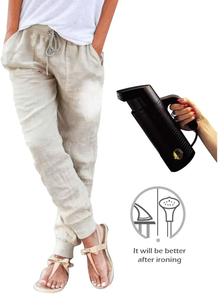 Puimentiua Womens Tapered Pants Cotton Linen Drawstring Back Elastic Waist Pants Casual Trousers with Pockets
