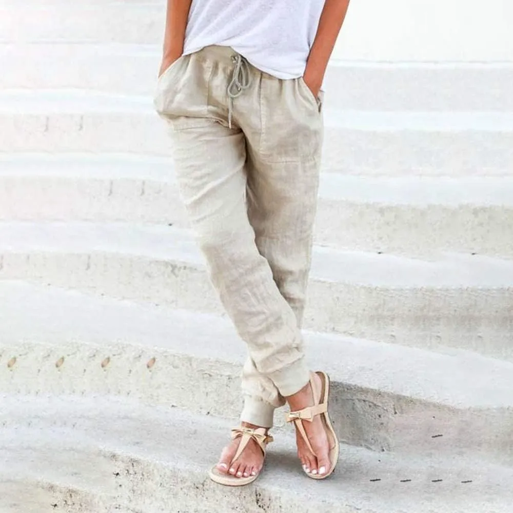 Puimentiua Womens Tapered Pants Cotton Linen Drawstring Back Elastic Waist Pants Casual Trousers with Pockets