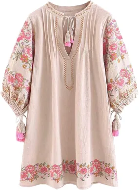 R.Vivimos Women's Autumn 3/4 Sleeve Cotton V Neck Floral Embroidery Casual Tunic Dresses