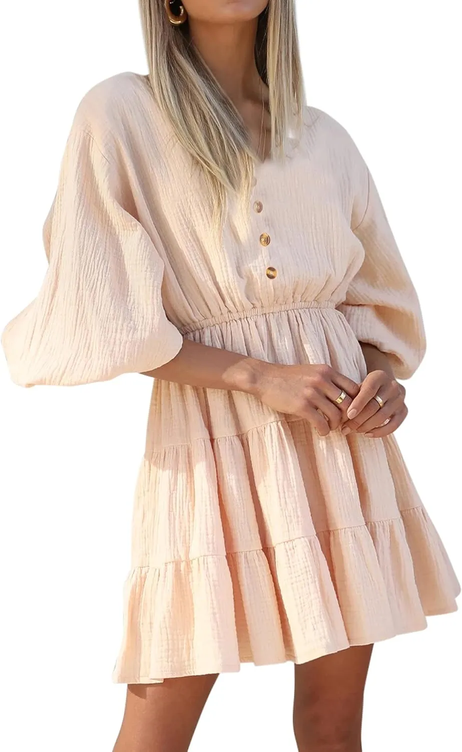 R.Vivimos Women's Summer Linen Puff Sleeves Casual Button Up A-Line Casual Skater Mini Dresses