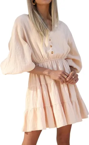 R.Vivimos Women's Summer Linen Puff Sleeves Casual Button Up A-Line Casual Skater Mini Dresses
