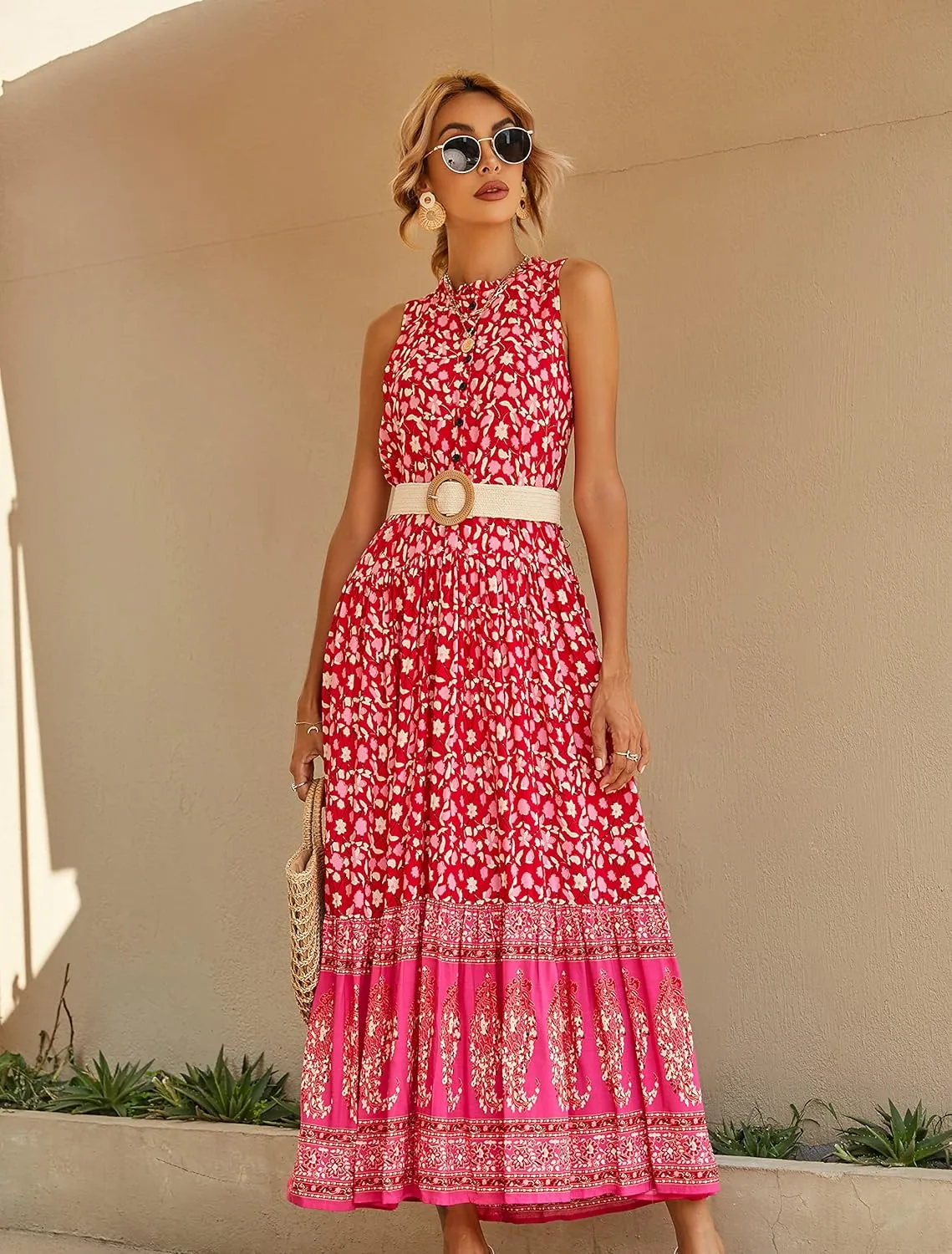 R.Vivimos Women's Summer Sleeveless Floral Print Button Up Bohemian Flowy Maxi Dresses
