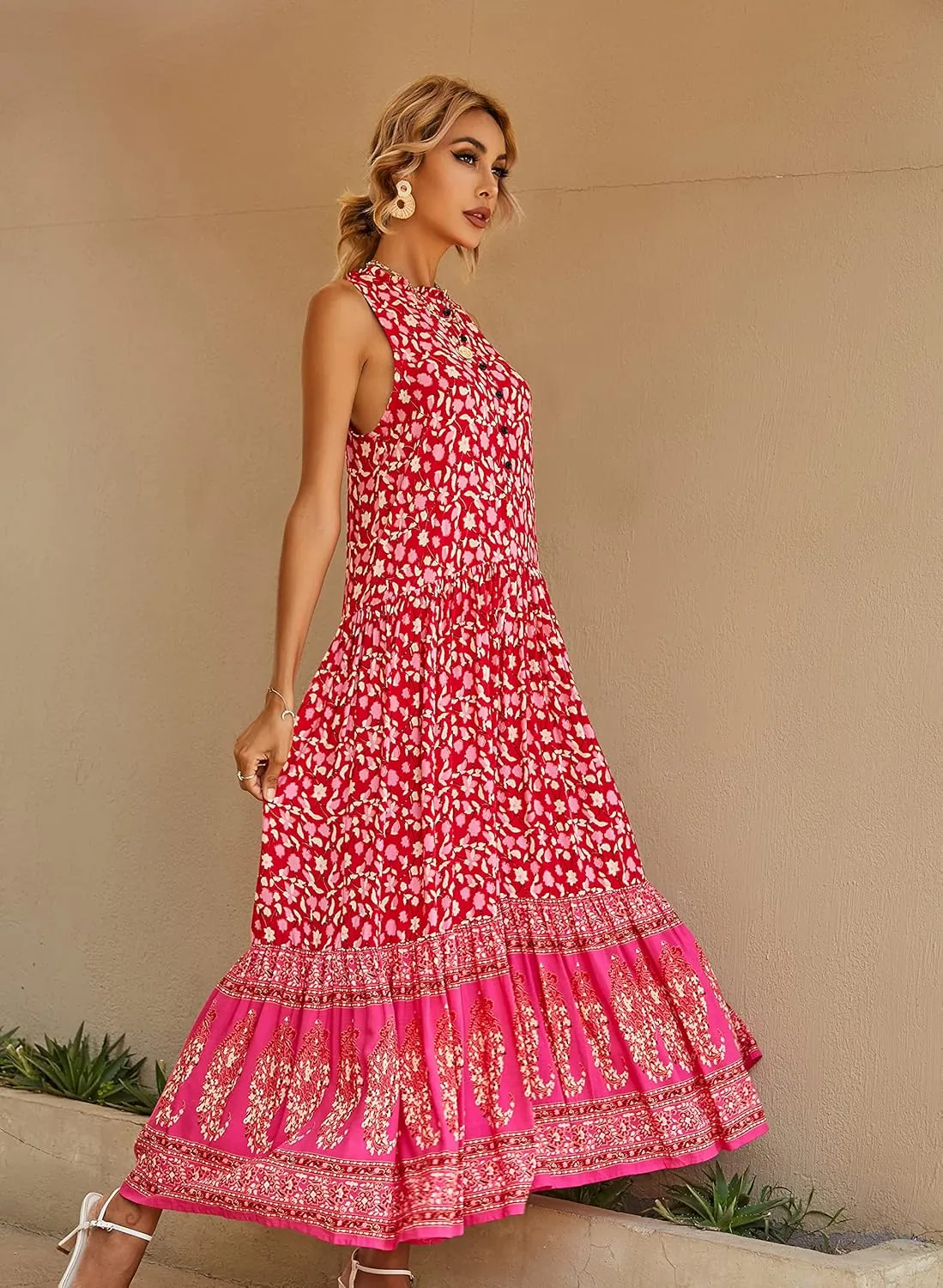 R.Vivimos Women's Summer Sleeveless Floral Print Button Up Bohemian Flowy Maxi Dresses
