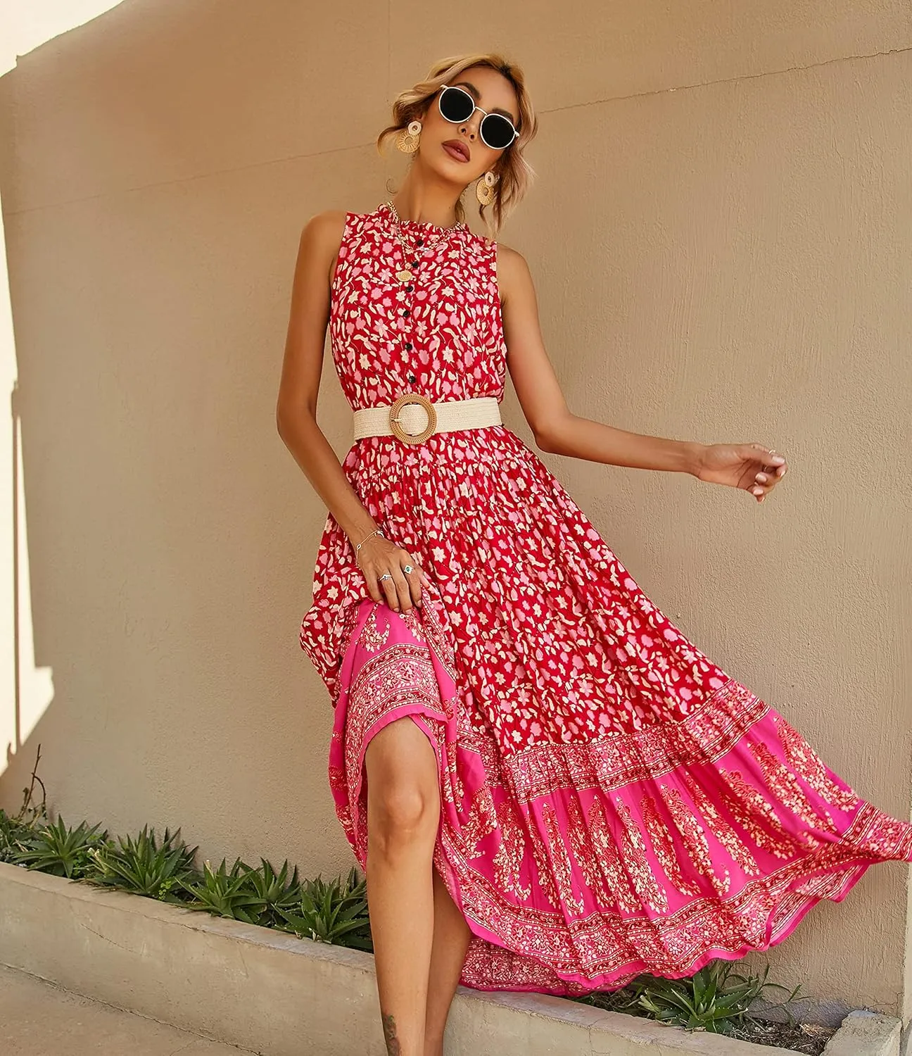 R.Vivimos Women's Summer Sleeveless Floral Print Button Up Bohemian Flowy Maxi Dresses
