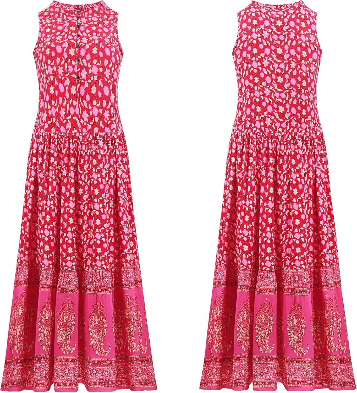 R.Vivimos Women's Summer Sleeveless Floral Print Button Up Bohemian Flowy Maxi Dresses