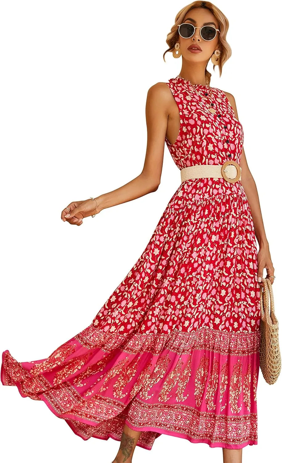 R.Vivimos Women's Summer Sleeveless Floral Print Button Up Bohemian Flowy Maxi Dresses