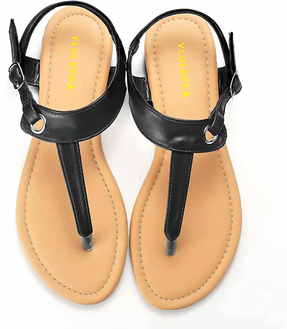 Sandals for women - Womens Comfortable Cute Flat Thong Sandals - Womens Summer Sandal Shoes with Adjustable Ankle Buckle T-Strap