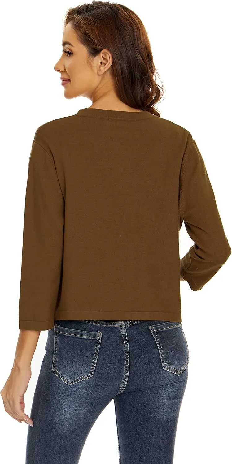 Satuun Women's 3/4 Sleeve Shrugs Lightweight Open Front Cropped Cardigan Tops