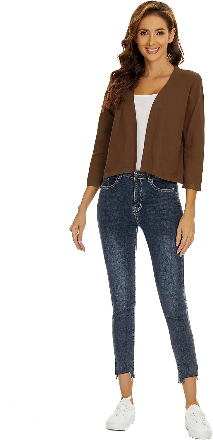 Satuun Women's 3/4 Sleeve Shrugs Lightweight Open Front Cropped Cardigan Tops