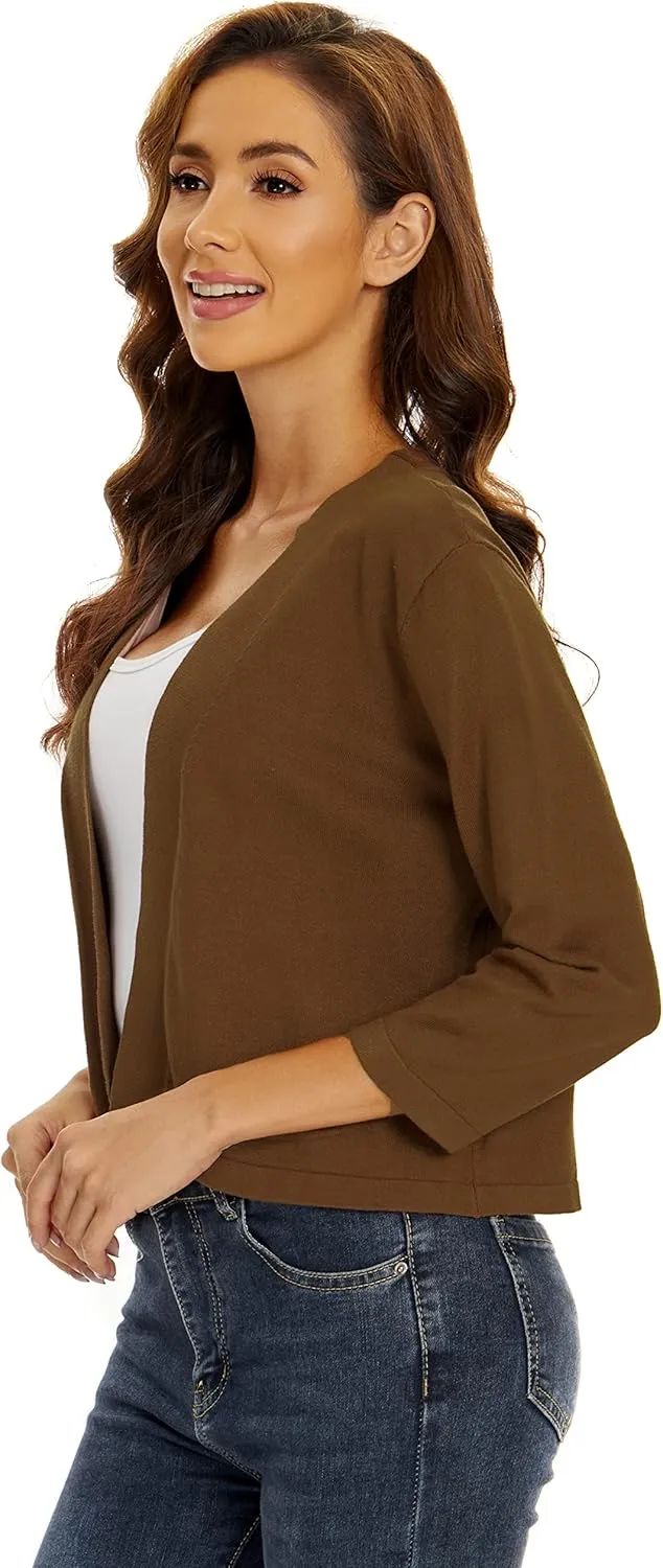 Satuun Women's 3/4 Sleeve Shrugs Lightweight Open Front Cropped Cardigan Tops