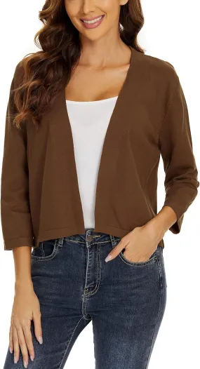 Satuun Women's 3/4 Sleeve Shrugs Lightweight Open Front Cropped Cardigan Tops