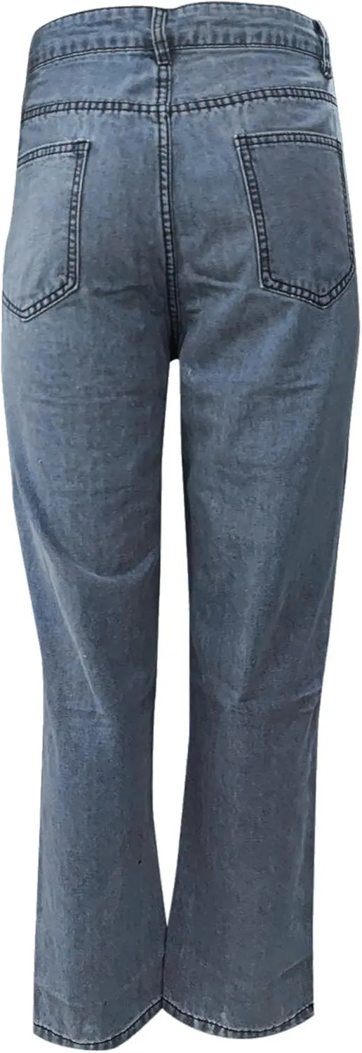sdbrld Ripped Jeans Womens,Womens Jeans Plus Size Boyfriend High Rise Jeans Streetwear Trendy Distressed Wide Leg Denim Pants