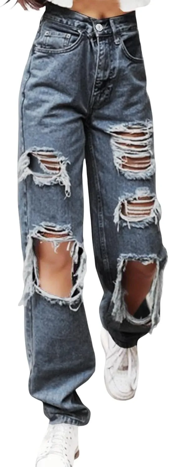 sdbrld Ripped Jeans Womens,Womens Jeans Plus Size Boyfriend High Rise Jeans Streetwear Trendy Distressed Wide Leg Denim Pants