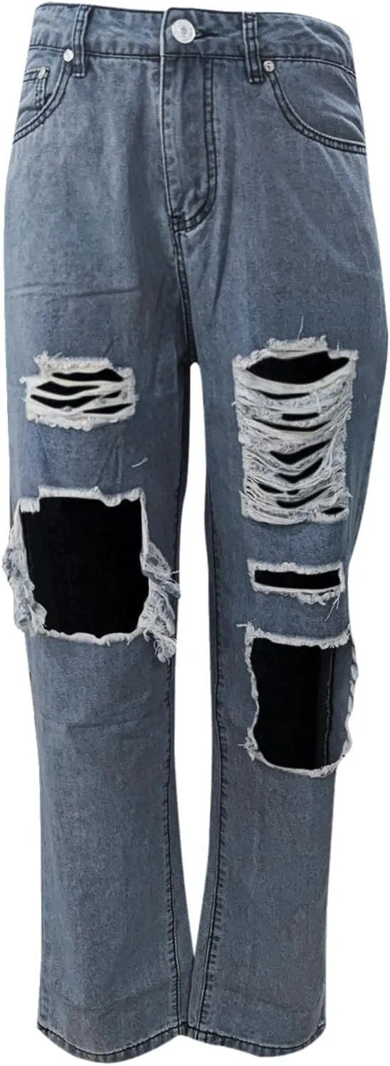 sdbrld Ripped Jeans Womens,Womens Jeans Plus Size Boyfriend High Rise Jeans Streetwear Trendy Distressed Wide Leg Denim Pants