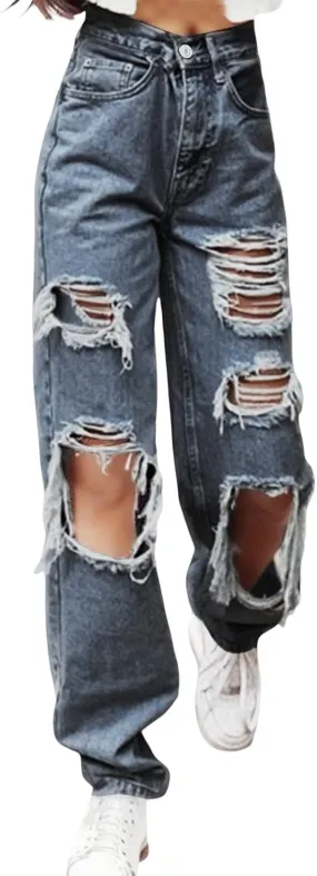 sdbrld Ripped Jeans Womens,Womens Jeans Plus Size Boyfriend High Rise Jeans Streetwear Trendy Distressed Wide Leg Denim Pants