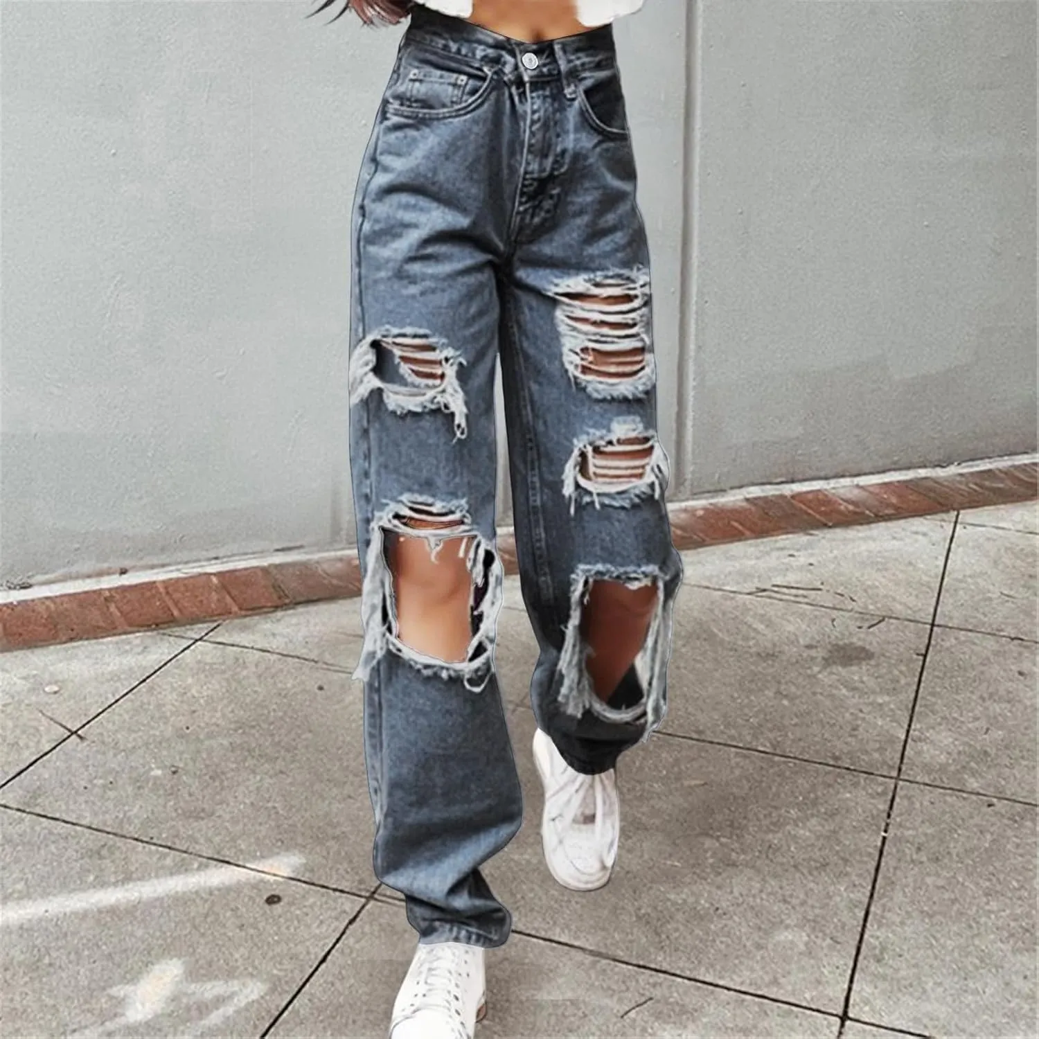 sdbrld Ripped Jeans Womens,Womens Jeans Plus Size Boyfriend High Rise Jeans Streetwear Trendy Distressed Wide Leg Denim Pants