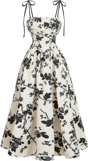 SHENHE Women's Floral Bustier Corset Dress Tie Shoulder Smocked Flowy Boho Long Dress Sundress