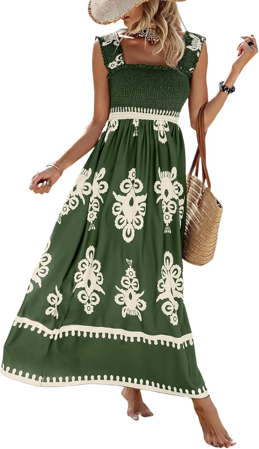SHENHE Women's Smocked Sleeveless Flowy Tribal Print Summer Boho Vacation Maxi Dress