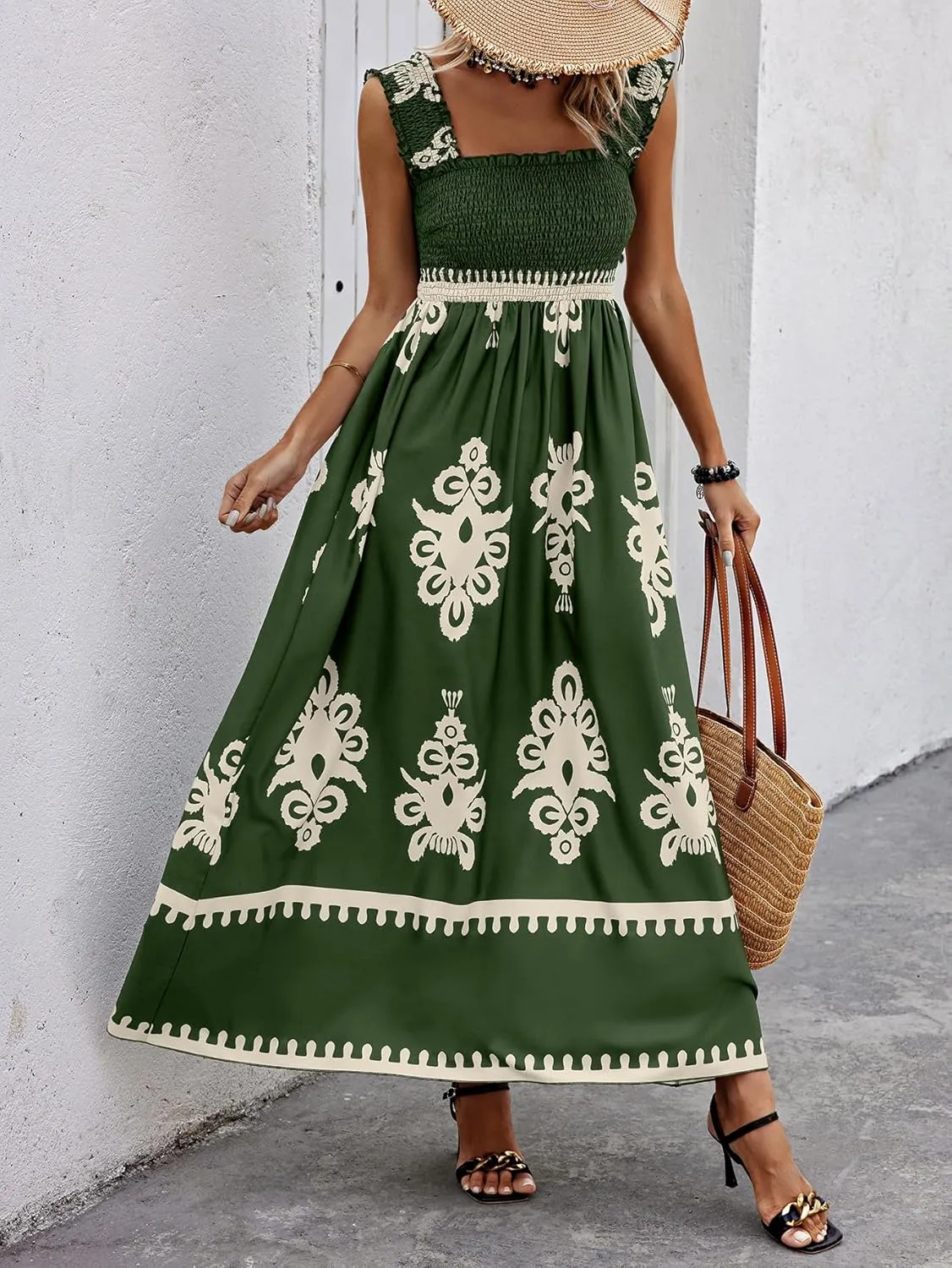 SHENHE Women's Smocked Sleeveless Flowy Tribal Print Summer Boho Vacation Maxi Dress