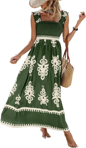 SHENHE Women's Smocked Sleeveless Flowy Tribal Print Summer Boho Vacation Maxi Dress