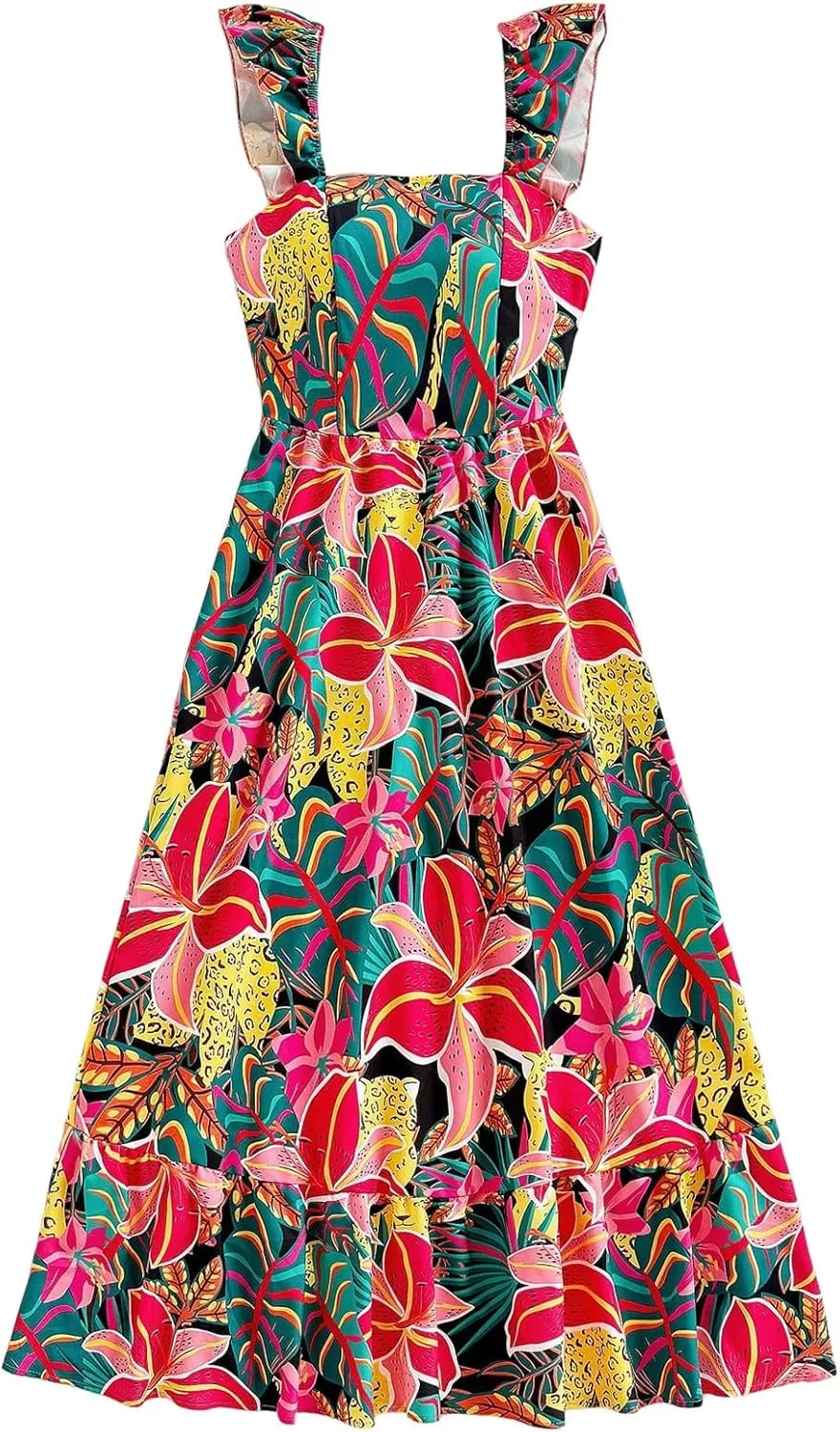 SHENHE Women's Summer Ruffle Dress Colorful Floral Smocked Flowy Long Boho Dress Vacation