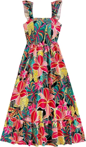 SHENHE Women's Summer Ruffle Dress Colorful Floral Smocked Flowy Long Boho Dress Vacation