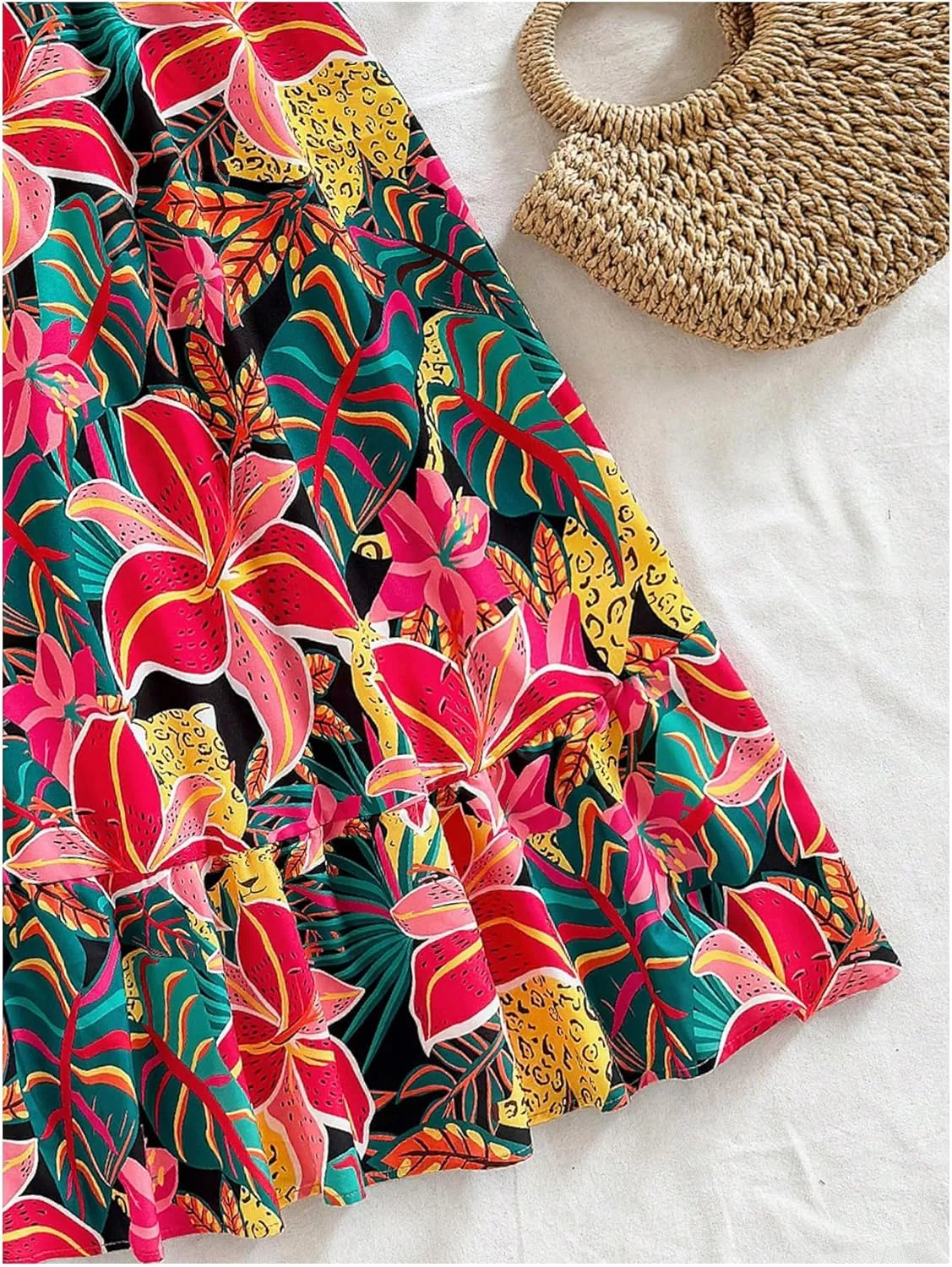 SHENHE Women's Summer Ruffle Dress Colorful Floral Smocked Flowy Long Boho Dress Vacation