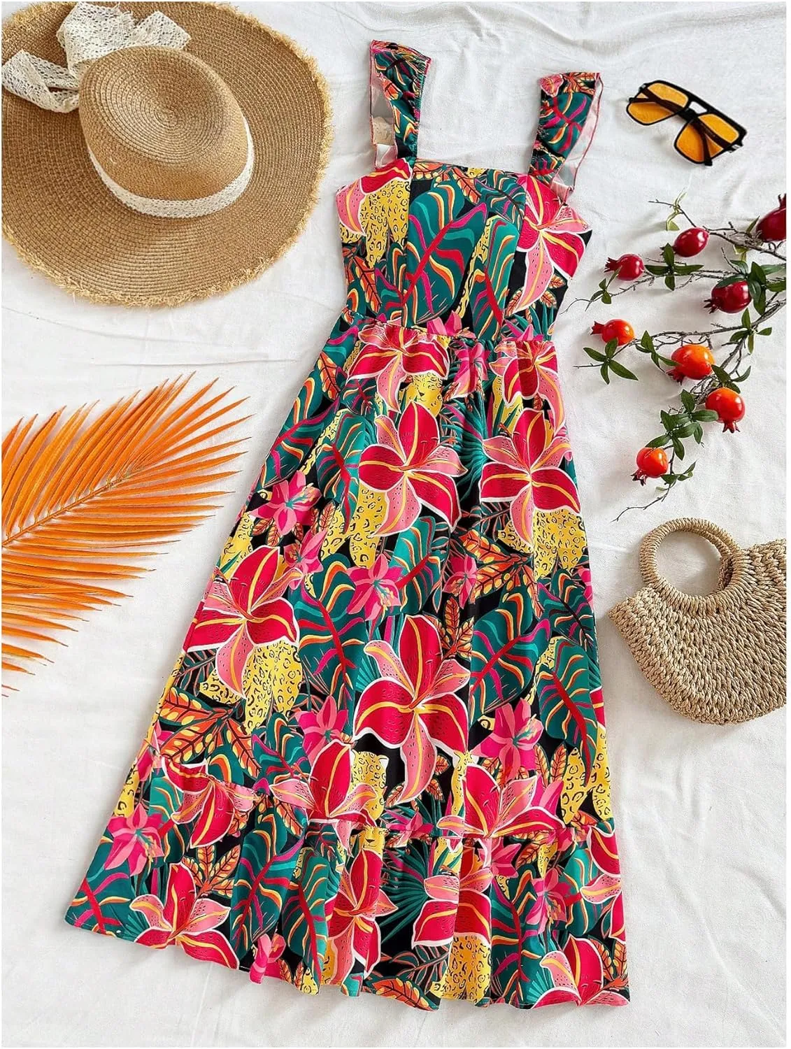 SHENHE Women's Summer Ruffle Dress Colorful Floral Smocked Flowy Long Boho Dress Vacation