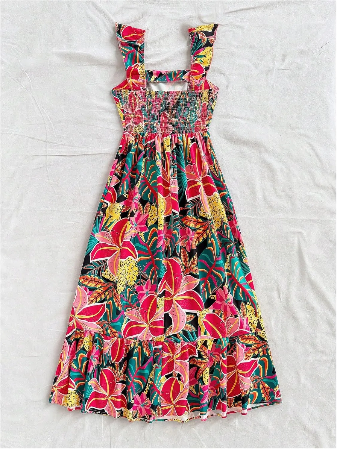 SHENHE Women's Summer Ruffle Dress Colorful Floral Smocked Flowy Long Boho Dress Vacation