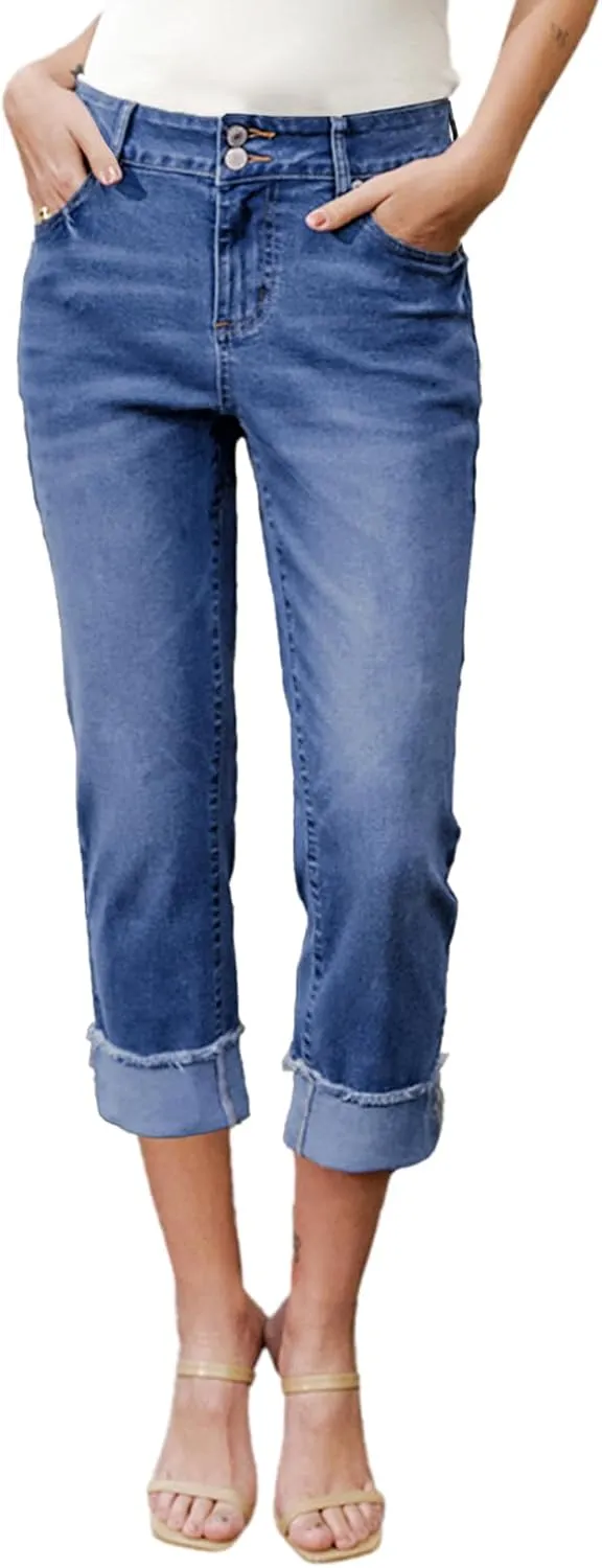 Sidefeel Women's Capri Jeans High Waisted Stretchy Roll-up Skinny Cuffed Cropped Zimbaplatinum Summer Capri Pants