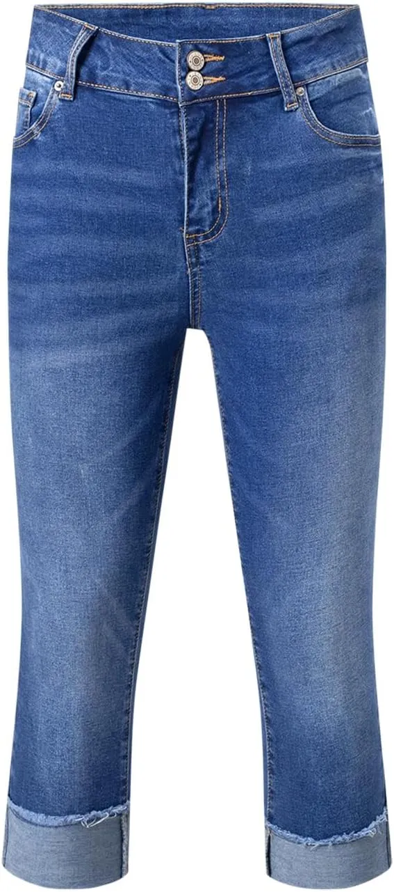 Sidefeel Women's Capri Jeans High Waisted Stretchy Roll-up Skinny Cuffed Cropped Zimbaplatinum Summer Capri Pants