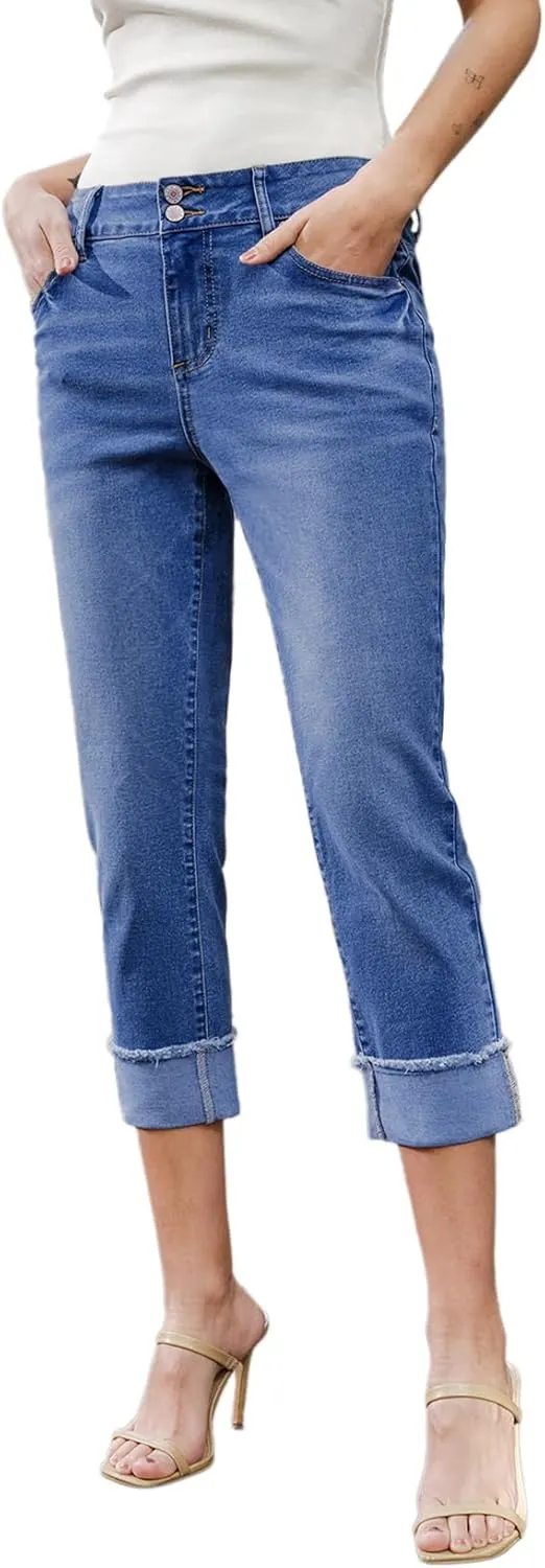 Sidefeel Women's Capri Jeans High Waisted Stretchy Roll-up Skinny Cuffed Cropped Zimbaplatinum Summer Capri Pants
