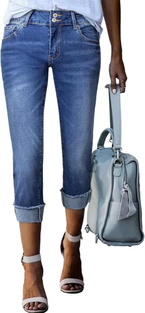 Sidefeel Women's Capri Jeans High Waisted Stretchy Roll-up Skinny Cuffed Cropped Zimbaplatinum Summer Capri Pants