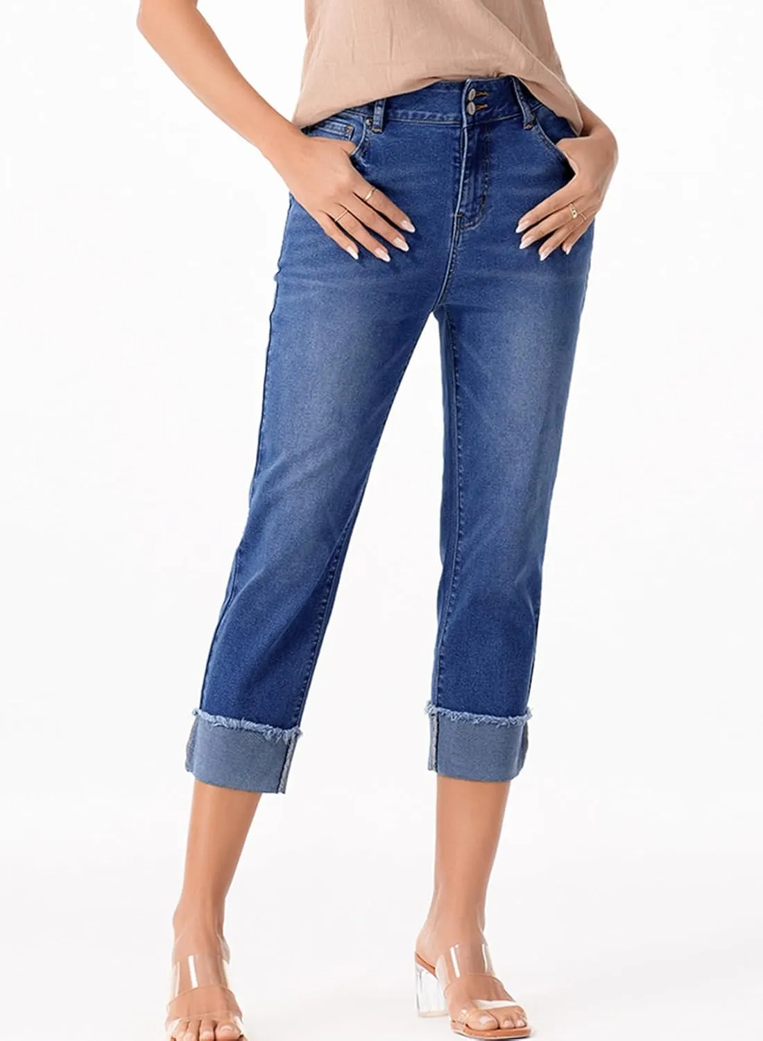 Sidefeel Women's Capri Jeans High Waisted Stretchy Roll-up Skinny Cuffed Cropped Zimbaplatinum Summer Capri Pants