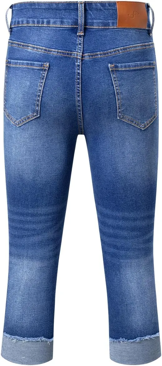 Sidefeel Women's Capri Jeans High Waisted Stretchy Roll-up Skinny Cuffed Cropped Zimbaplatinum Summer Capri Pants