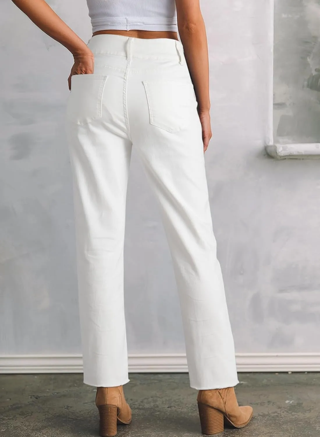 Sidefeel Women's High Waisted Jeans Strechy Fashion Raw Hem Straight Leg Ankle Denim Pants with Pockets