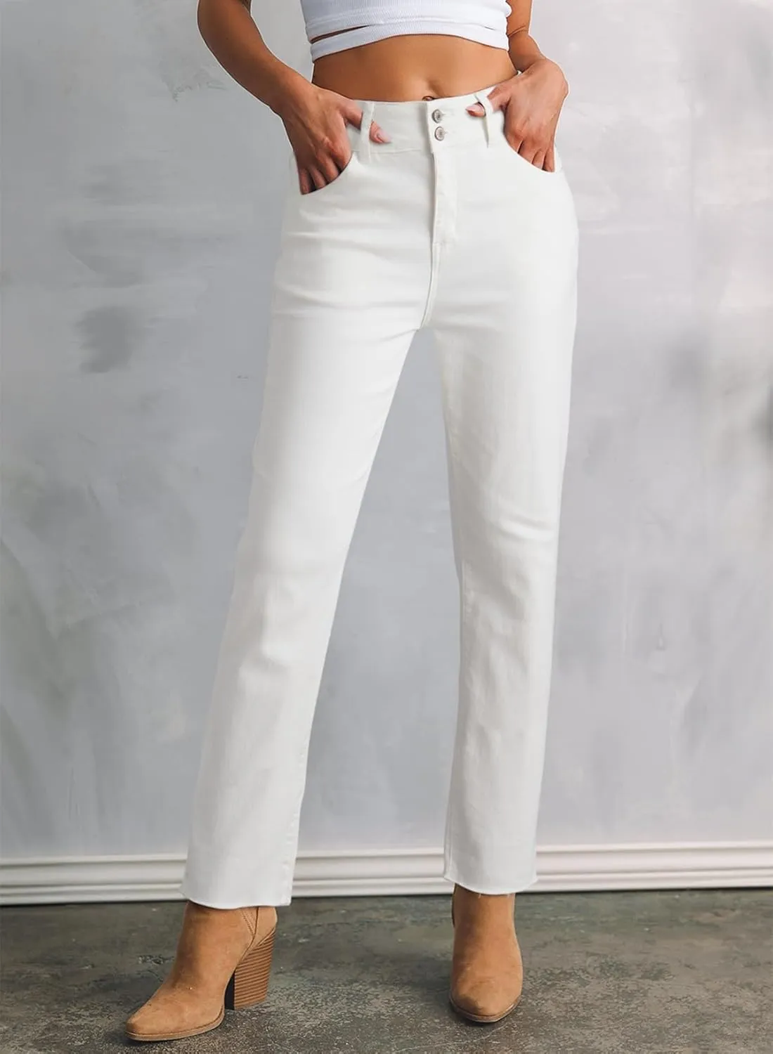 Sidefeel Women's High Waisted Jeans Strechy Fashion Raw Hem Straight Leg Ankle Denim Pants with Pockets